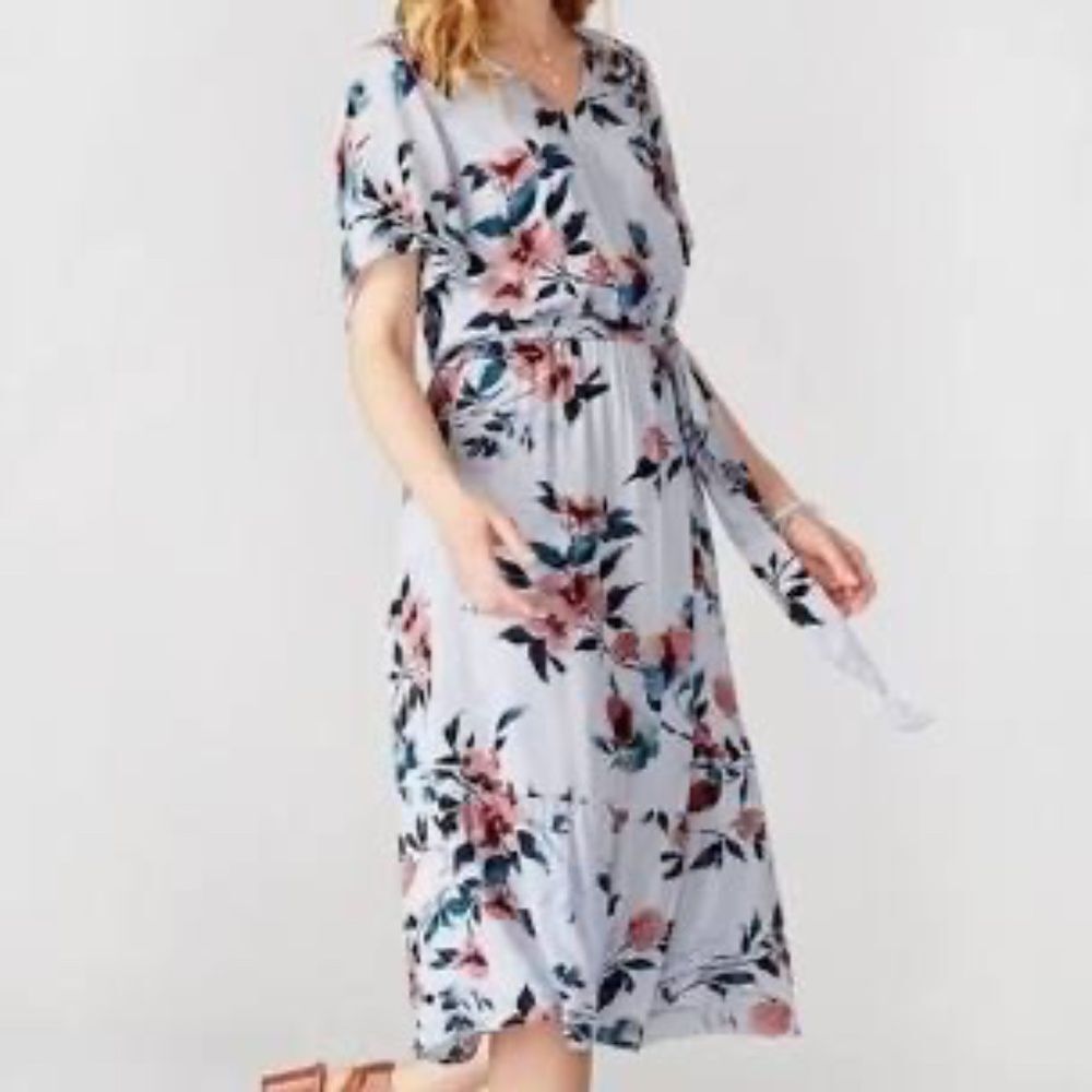 J. Jill NWT Cornflower Blue Floral Self Belt Midi Dress Sz M